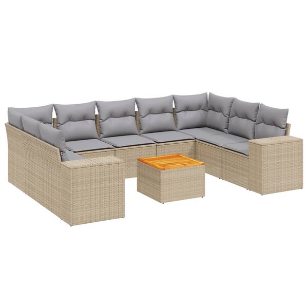 vidaXL 10-delige Loungeset met kussens poly rattan beige