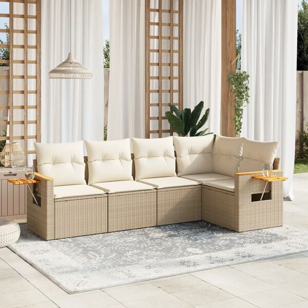 vidaXL 5-delige Loungeset met kussens poly rattan beige