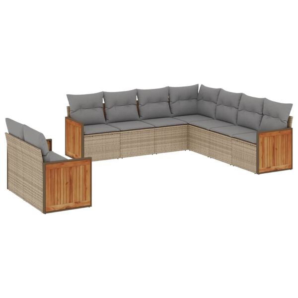 vidaXL 9-delige Loungeset met kussens poly rattan beige