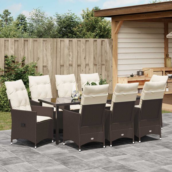 vidaXL Tuin Eetset met kussen 9 pcs Bruin Poly riet
