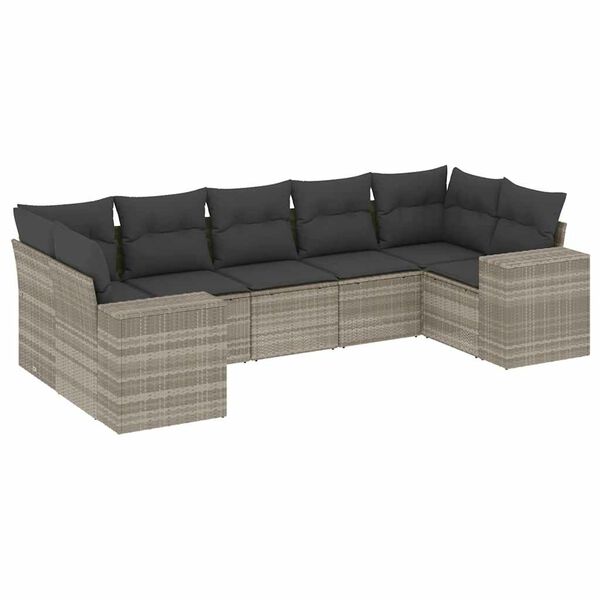 vidaXL 7-delige Loungeset met kussens poly rattan lichtgrijs