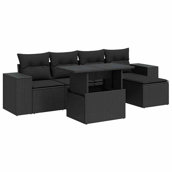 vidaXL 6-delige Loungeset met kussens poly rattan zwart