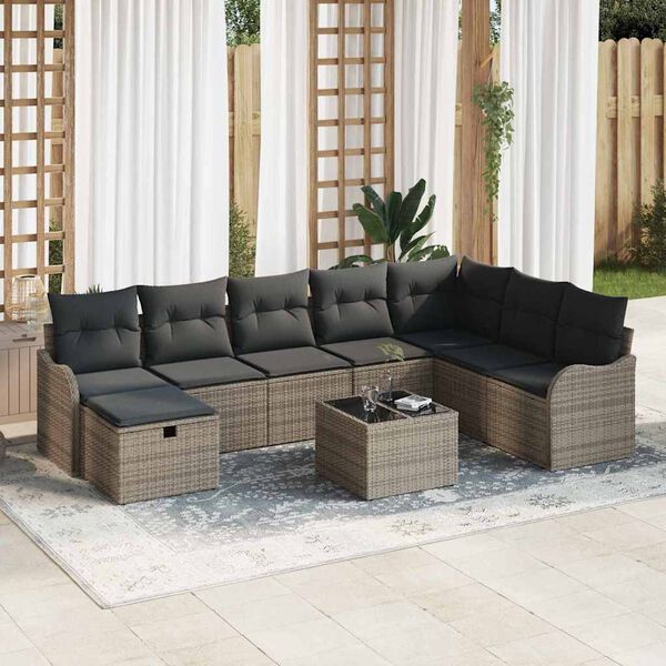vidaXL Tuin Sofa Set met kussen met opslag 9 pcs Grijs Poly riet