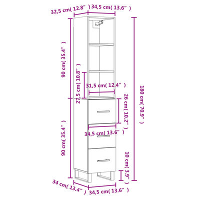 vidaXL Hoge kast 34,5x34x180 cm bewerkt hout hoogglans wit