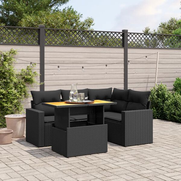 vidaXL 5-delige Loungeset met kussens poly rattan zwart