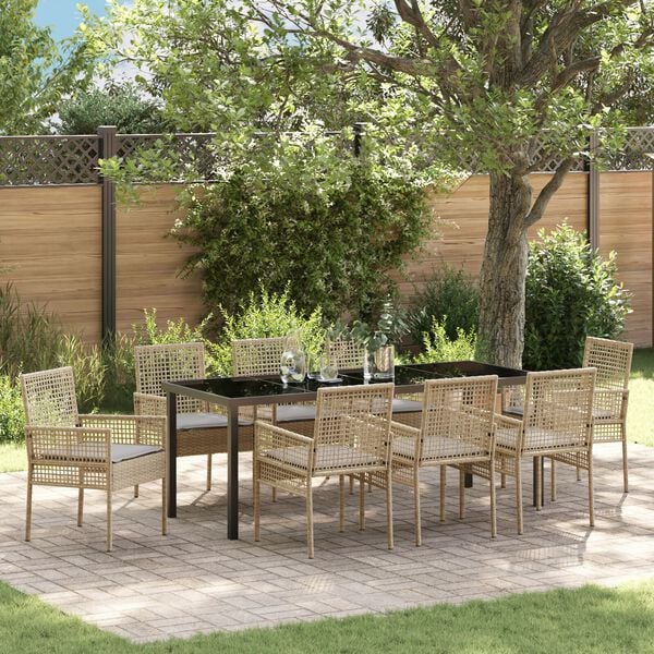 vidaXL Tuin eettafelset met kussen 9 pcs Beige poly rattan