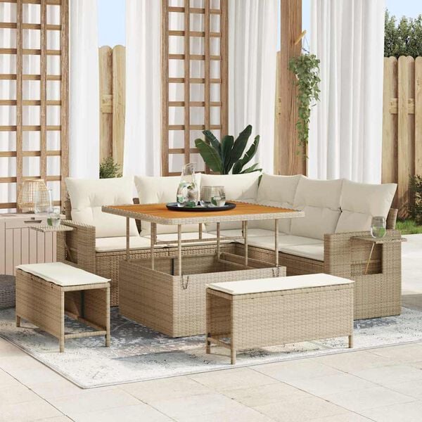 vidaXL Tuinbankenset met kussen 9 pcs Beige en Cr&egrave;me poly rattan