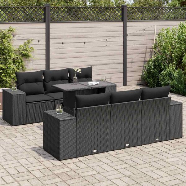 vidaXL 7-delige Loungeset met kussens poly rattan zwart