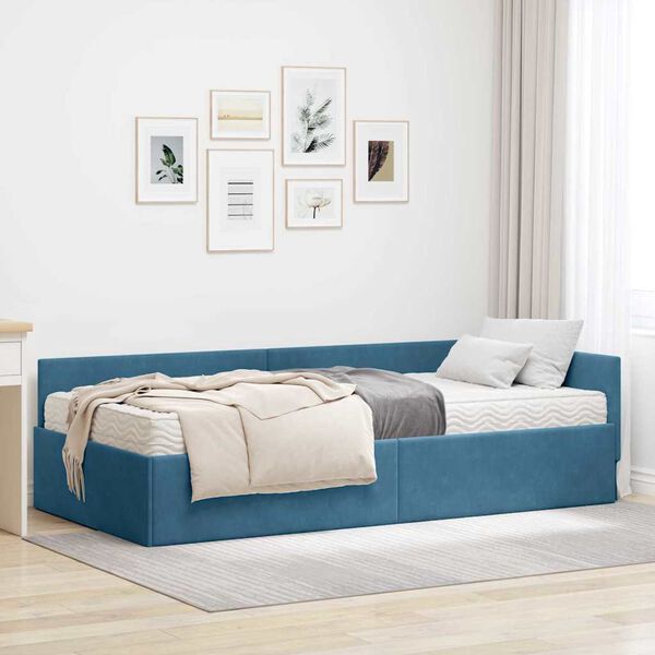 vidaXL Hoekbedframe met Matras Anders 2 pcs Blauw Fluweel
