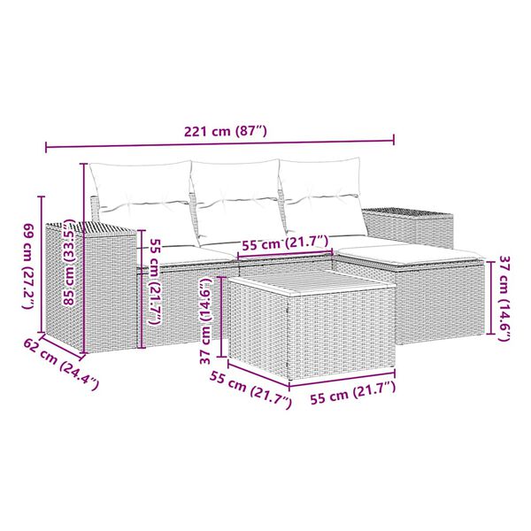vidaXL 5-delige Loungeset met kussens poly rattan zwart