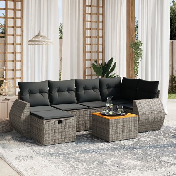 vidaXL 7-delige Loungeset met kussens poly rattan grijs