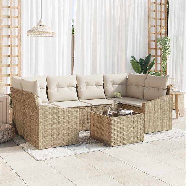 vidaXL Bankstel met kussen met opslag 7 pcs Beige en Cr&egrave;me poly rattan
