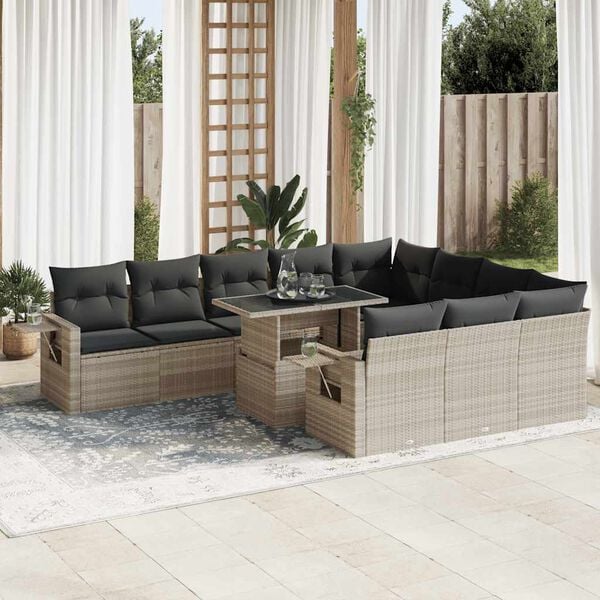 vidaXL 11-delige Loungeset met kussens poly rattan lichtgrijs