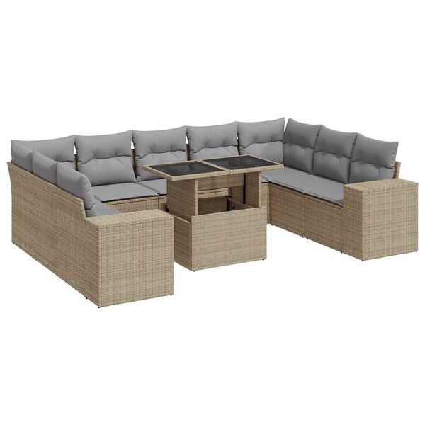 vidaXL 10-delige Loungeset met kussens poly rattan beige