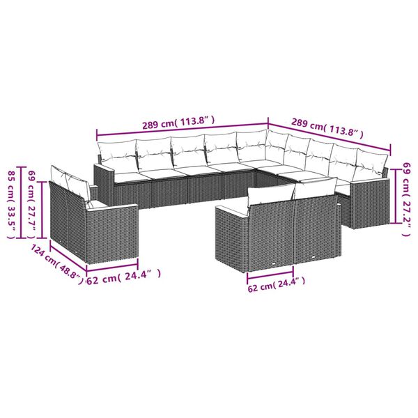 vidaXL 13-delige Loungeset met kussens poly rattan grijs