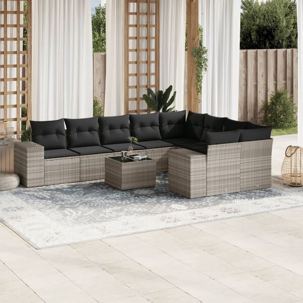 vidaXL 10-delige Loungeset met kussens poly rattan lichtgrijs