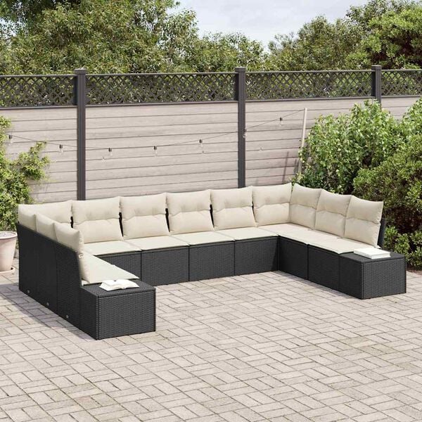 vidaXL Tuinbankenset met kussen 10 pcs Zwart en Cr&egrave;me Polyrattan