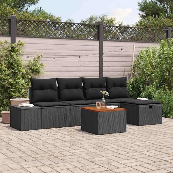 vidaXL Tuinbankenset met kussen met opslag 6 pcs Zwart poly rattan