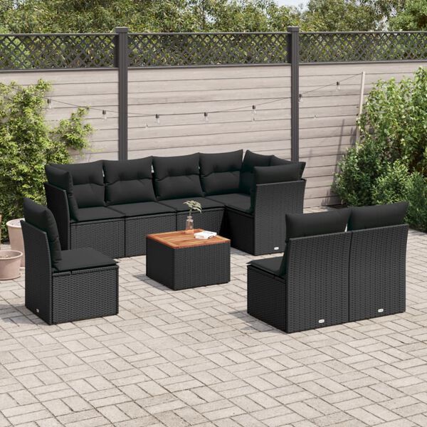 vidaXL 9-delige Loungeset met kussens poly rattan zwart