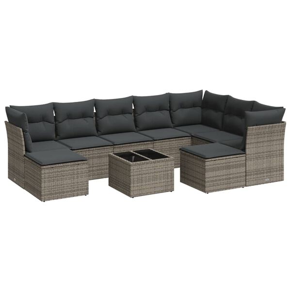 vidaXL 10-delige Loungeset met kussens poly rattan grijs