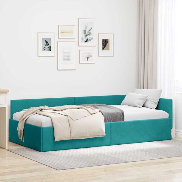 vidaXL Hoekbedframe Turquoise 90 cm x 190 cm VelvetenPlywood