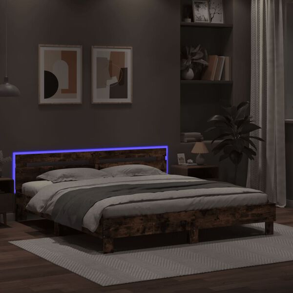 vidaXL Bedframe met hoofdeinde en LED gerookt eikenkleurig 200x200 cm