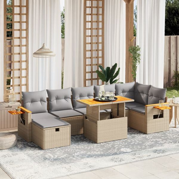 vidaXL 8-delige Loungeset met kussens poly rattan beige