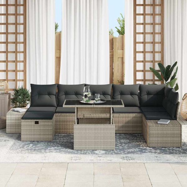 vidaXL Tuin Sofa Set met kussen met opslag 8 pcs Lichtgrijs Poly riet