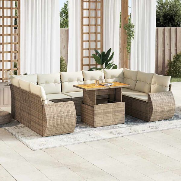 vidaXL 10-delige Loungeset met kussens poly rattan beige