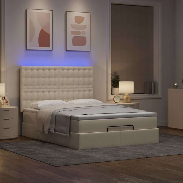 vidaXL Ottoman bed met matras en LED's 140x190cm stof cr&egrave;mekleurig