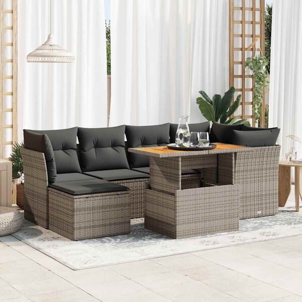 vidaXL 7-delige Loungeset met kussens poly rattan grijs