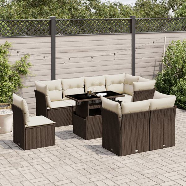 vidaXL 9-delige Loungeset met kussens poly rattan bruin