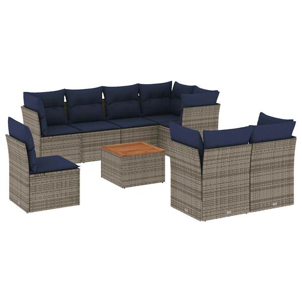 vidaXL 9-delige Loungeset met kussens poly rattan grijs