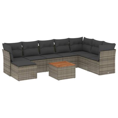 vidaXL 9-delige Loungeset met kussens poly rattan grijs