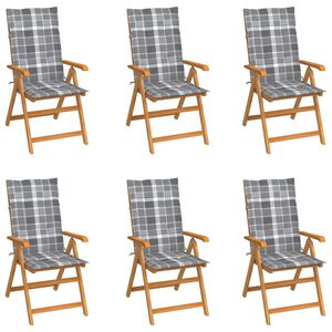 vidaXL Klapstoelen, 6 stuks, grijze kussens met ruitpatroon, massief teakhout