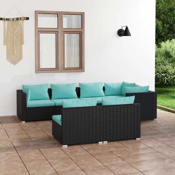 vidaXL 7-delige Loungeset met kussens poly rattan zwart