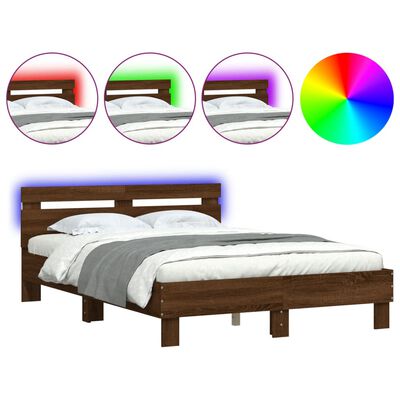 vidaXL Bedframe met hoofdeinde en LED bruin eikenkleur 135x190 cm