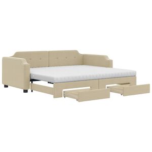 vidaXL Slaapbank met onderschuifbed en lades 90x200 cm stof cr&egrave;mekleur