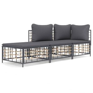 vidaXL 3-delige Loungeset met kussens poly rattan antracietkleurig