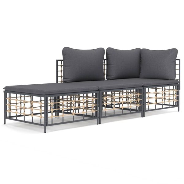 vidaXL 3-delige Loungeset met kussens poly rattan antracietkleurig