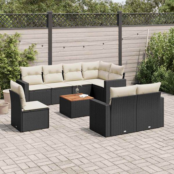 vidaXL 9-delige Loungeset met kussens poly rattan zwart