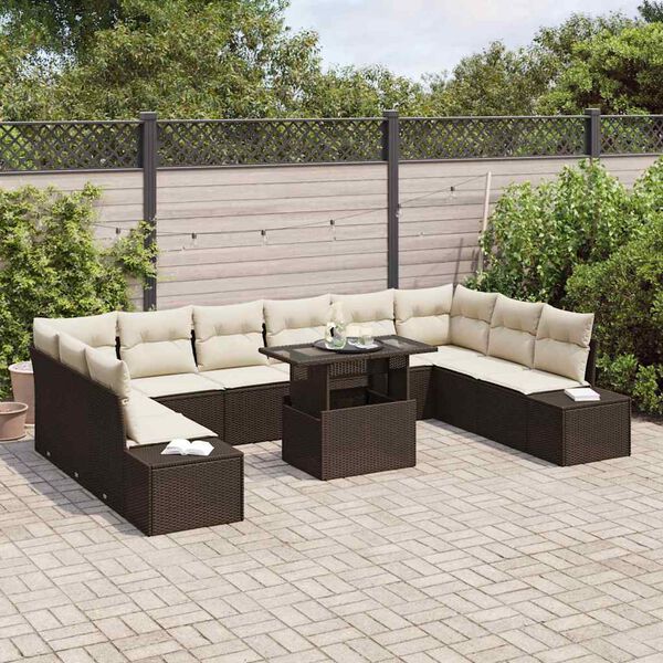 vidaXL Tuin Sofa Set met kussen met opslag 11 pcs Bruin en cr&egrave;me