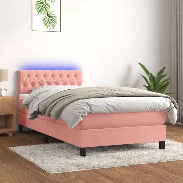 vidaXL Boxspring met matras en LED fluweel roze 90x200 cm