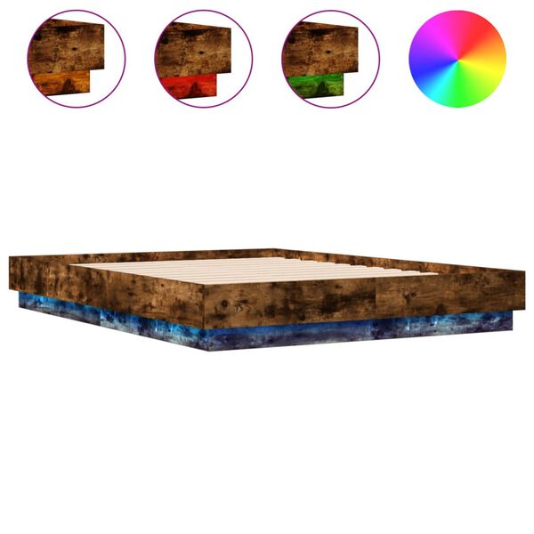 vidaXL Bedframe met LED-verlichting gerookt eikenkleurig 135x190 cm