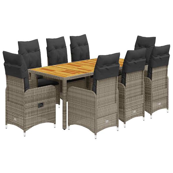 vidaXL 9-delige Bistroset met kussens poly rattan grijs