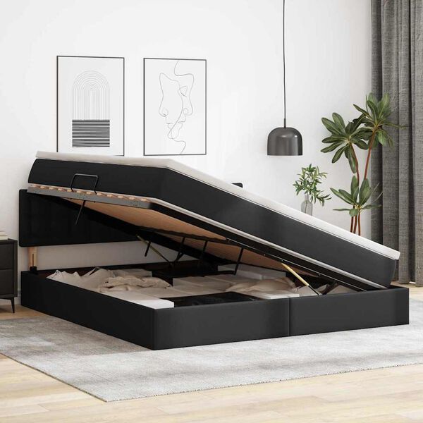 vidaXL Opbergbed met LED met matras Zwart 160 x 200 cm Nep Leer