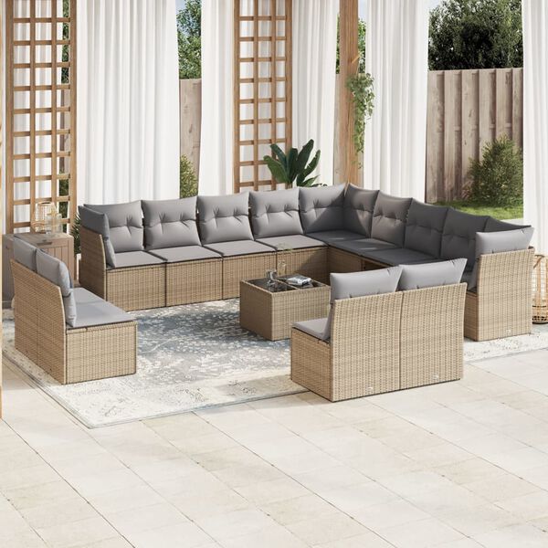 vidaXL 14-delige Loungeset met kussens poly rattan beige