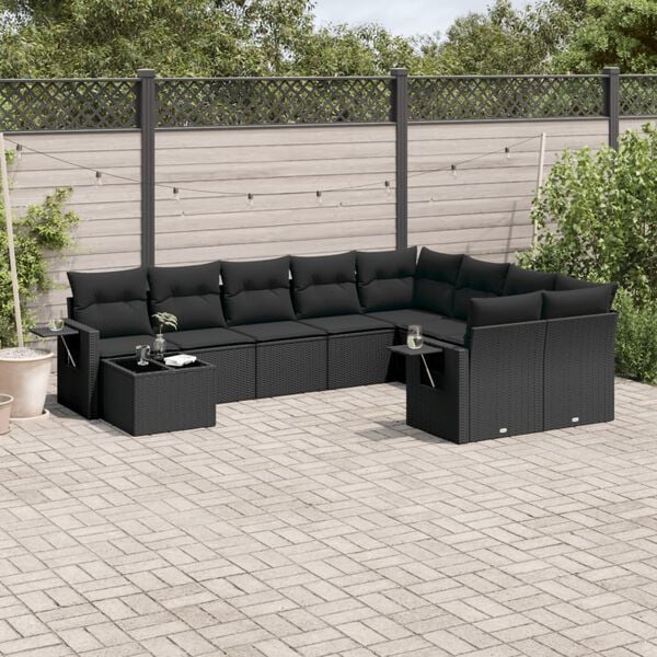 vidaXL 10-delige Loungeset met kussens poly rattan zwart