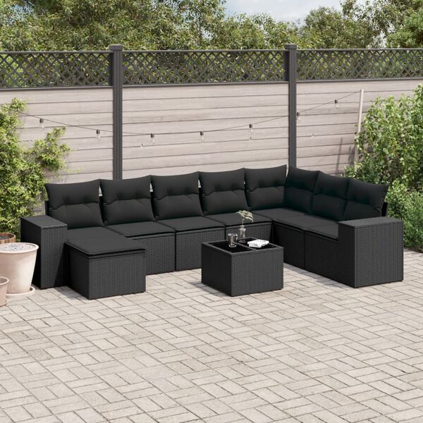 vidaXL 9-delige Loungeset met kussens poly rattan zwart