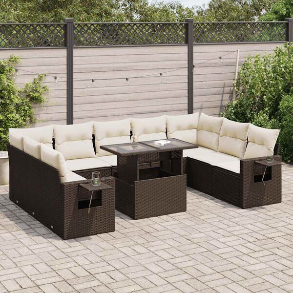 vidaXL 10-delige Loungeset met kussens poly rattan bruin